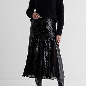 Express Sequined Midi Skirt with Sheer Panels